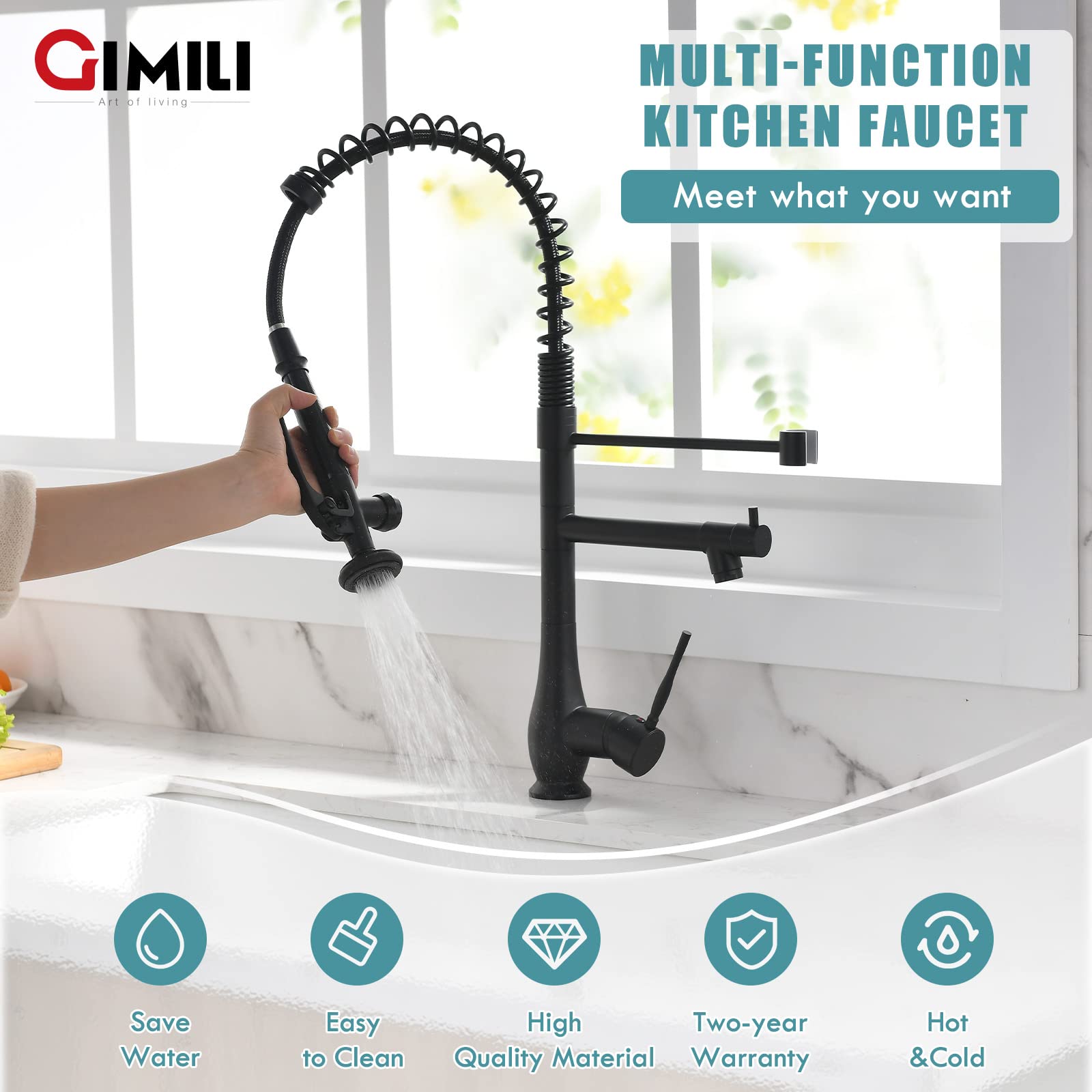 GIMILI Black Kitchen Faucet with Pull Down Sprayer  Single Handle High Pressure Kitchen Sink Faucet  Commercial Double-Headed Stainless Steel Kitchen Faucets  Matte Black